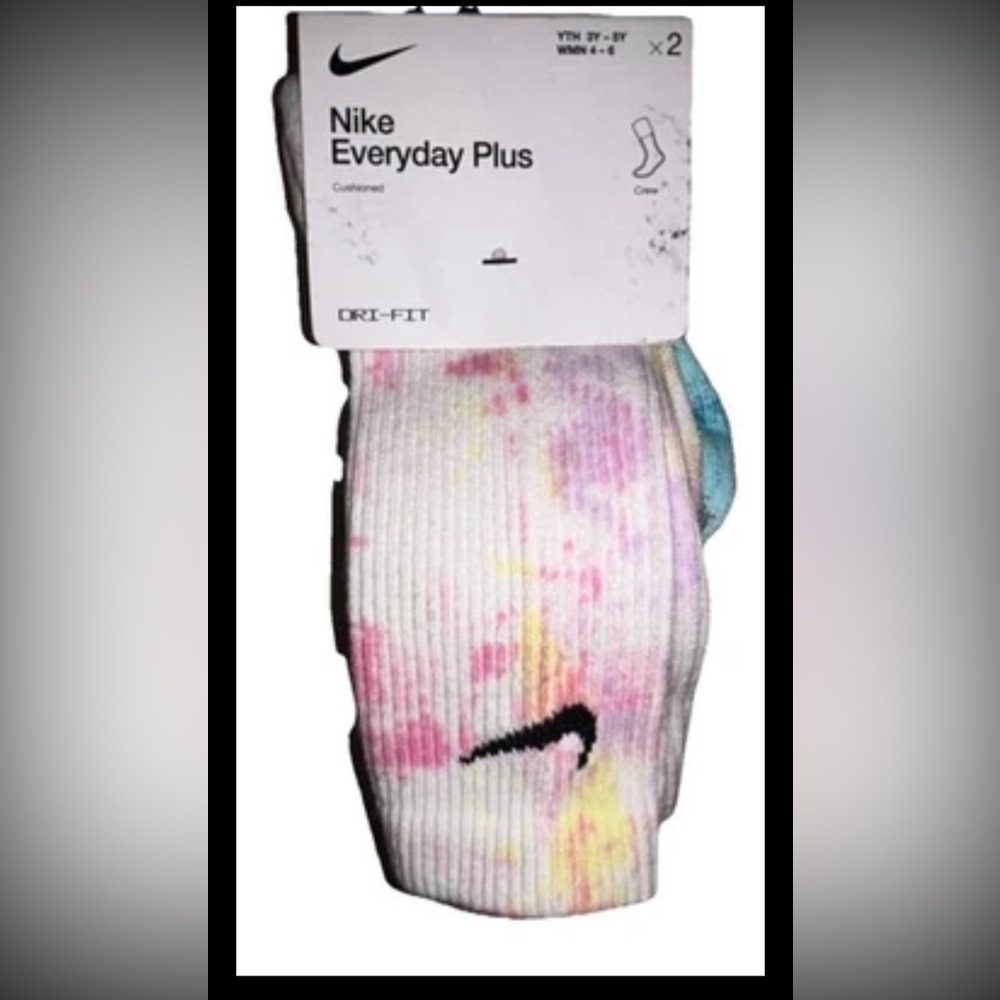 Nike Everyday Tie Dye Crew Socks 2 Pair Women 4-6 Yth 3Y-5Y Pink Blue w Logo NEW